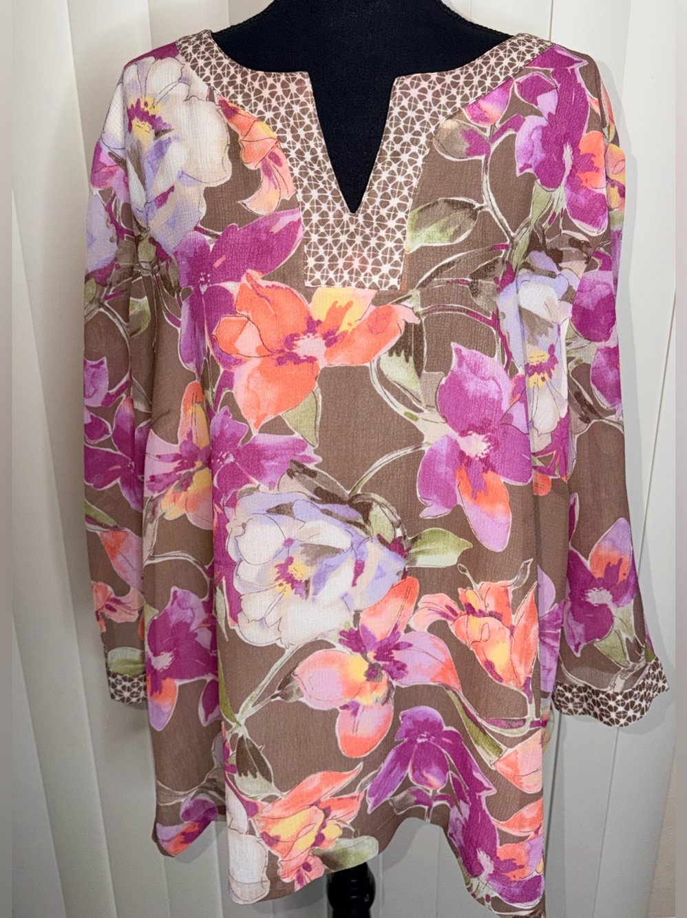 Alfred Dunner Floral Sheer 3/4 Sleeve Henley Lined Blouse Pink Brown Sz 22W EUC